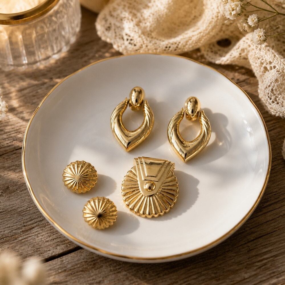 🏷️ Vintage Art Deco Gold Fan Brooch Chunky Door Knocker Parure Set